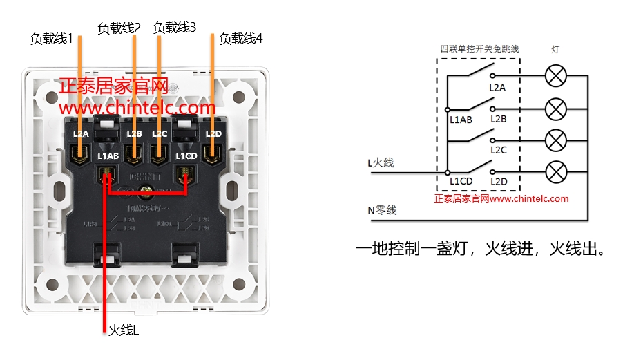 單控開關(guān)接線圖-四聯(lián)單控開關(guān)（免跳線）